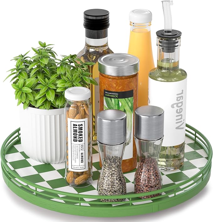 AMH 12-Inch Green and White Checkerboard Lazy Susan with Rubberwood Base | Smooth rotating oak tray with walnut finish for dining tables, kitchen counters, pantries and cabinet storage.