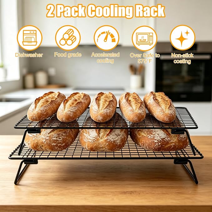 Sourdough Cooling Rack 2 Pack Stackable | Heavy Duty Wire Cooling Rack | 13.4"*9.3" Rack for Cooking and Baking Must Haves | Cooling Cookie, Cake, Pizza, Roasting, Drying | Gifts for Baking Lovers