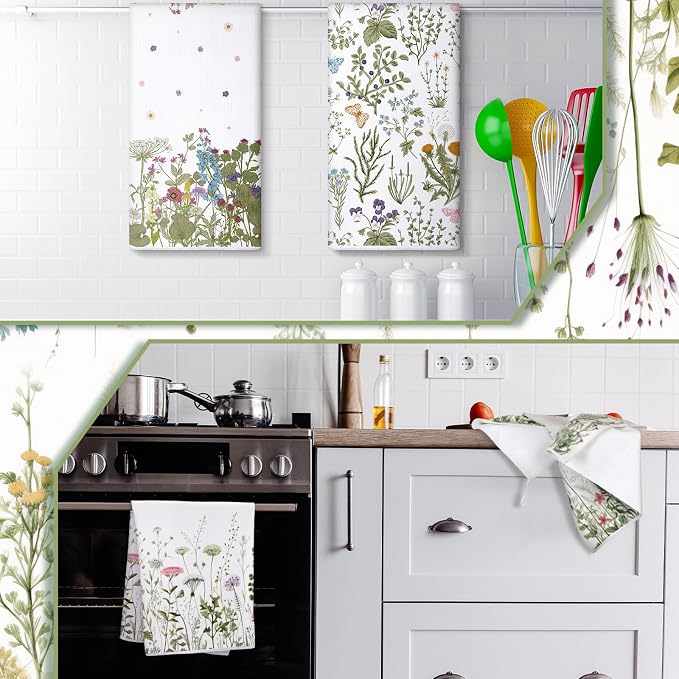 4 Pcs Wildflower Kitchen Towels Floral Hand Tea Towels Gifts | White Green Leaves Dishcloths Fast Drying Decorative Set Decor Housewarming Gift for Cooking Kitchen Bathroom