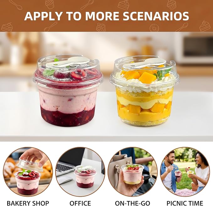 50 Pack 8 oz Plastic Dessert Cups with Lids and Spoons, | Banana Pudding Cups with Lids Mini Dessert Shooters for Party Individual Yogurt Parfait Jello Fruit Trifle
