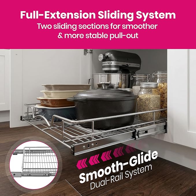HOLDN’ STORAGE Pull Out Cabinet Organizer, 8”W x 21”D Cabinet Drawer | Heavy-Duty Caddy, Lifetime Limited Warranty, Steel Metal Cabinet Drawers, Chrome, Requires At Least 9-1/4” Cabinet Opening