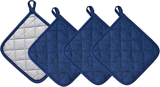 Kitchen Pot Holders Set Heat Resistant Pure Cotton Potholders Kit Trivets Large Coasters Hot Pads Terry Pot Holders for Everyday Cooking and Baking by 7 x 7 Inch Set of 4 Dark Blue