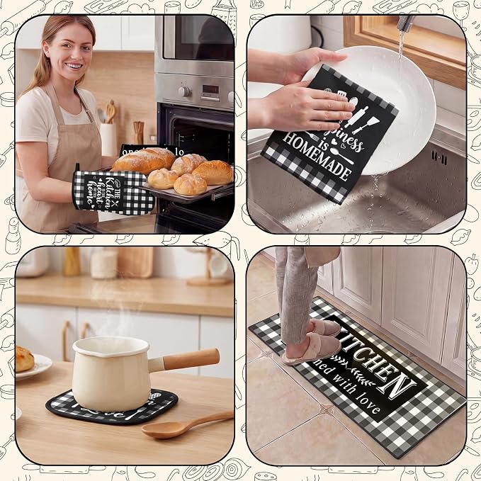 10 Pcs Kitchen Decor and Accessories Set, Plaid Checkered Buffalo | Black 4 Dish Towels Kitchen Rugs 2 Oven Mitts 2 Pot Holders, Home Decor for Cooking Baking BBQ Gifts Women Mom Housewarming