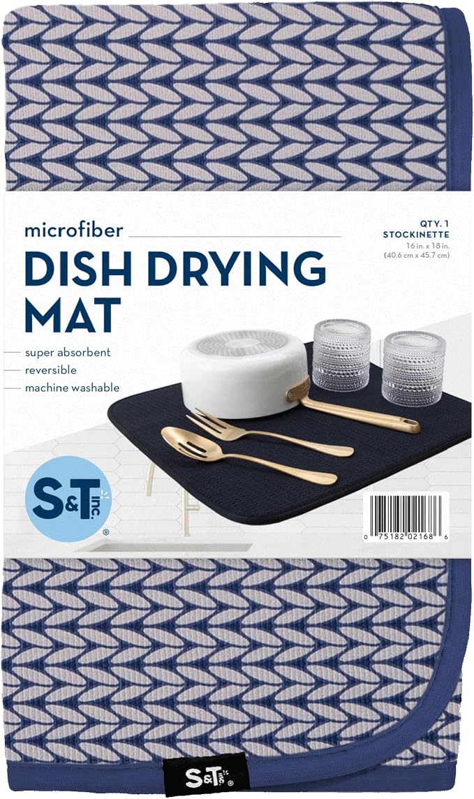 S&T INC. Dish Drying Mat, 16" x 18", Large, Blue Stockinette | Absorbent Microfiber, Kitchen Counter Mat for Dishes, Utensils, Pots and Pans, Machine Washable