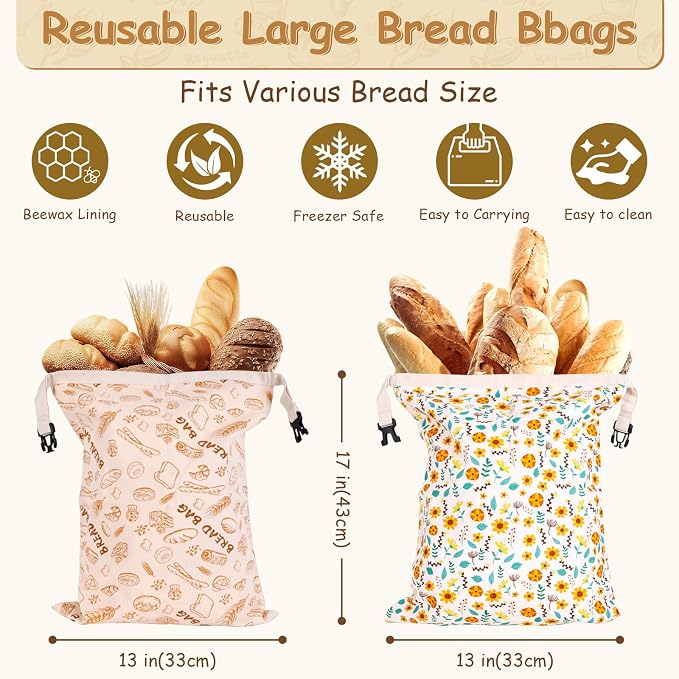 2 Pack Beeswax Bread Bags for Sourdough, Reusable Organic Linen Beeswax Bread Bag for Homemade Sourdough 17 x 13 Inches Food Storage Cloth Bag BPA-Free, Ideal for Sourdough & Artisan Breads