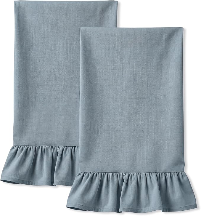 HunnmingRe Dusty Blue Kitchen Towels Set of 2, 100% Cotton Retro Ruffled Dish Towels 18"x28" Absorbent Tea Cloths for Farmhouse Charm, Drying Dishes, Entertaining Guests