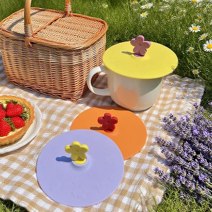 flower Silicone Cup Covers (Set of 5), Multicolored Silicone Lids for Mugs, Cups, Flexible Mug Covers, Tea Pots, Hot Cup Lids for Coffee & Tea (Style D)