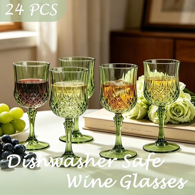 24Pack Plastic Wine Glasses, 7oz Vintage Goblets for Wedding | Unbreakable Crystal Style Reusable Stemware, Elegant New Green Drinking Glass for Party Anniversary & Holiday Celebration