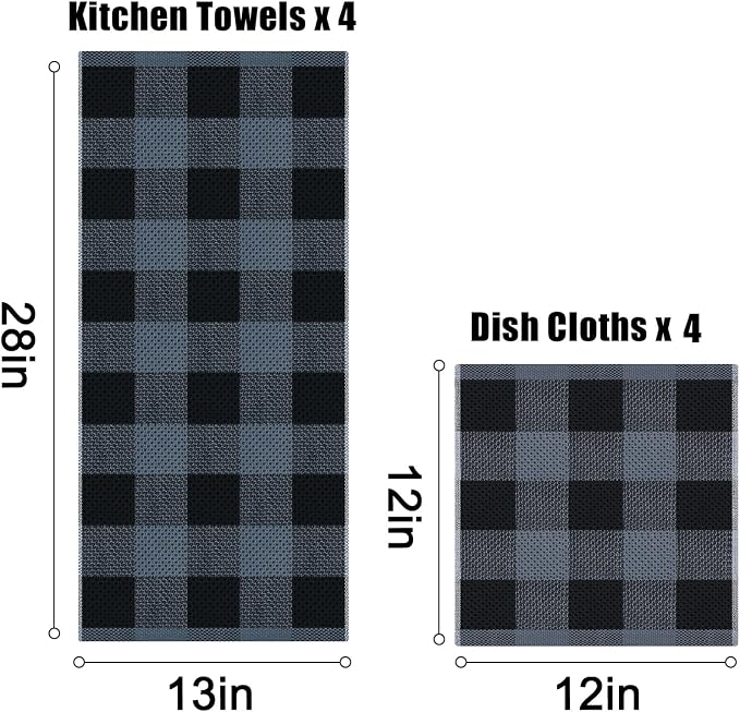 Homaxy Kitchen Towels and Dishcloths Set, Set of 8, Black & Grey | Bulk Cotton Waffle Weave Check Plaid Kitchen Towels, Super Soft and Absorbent Dish Cloths, 12 x 12 and 13 x 28 Inches