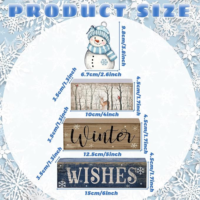 Lineshading 4 Pcs Snowman Table Decor Christmas Snowman Wooden Block Sign | Winter Tiered Tray Decor, Rustic Winter Table Centerpiece, Blue and White, Farmhouse Home Decoration for Kitchen Shelf