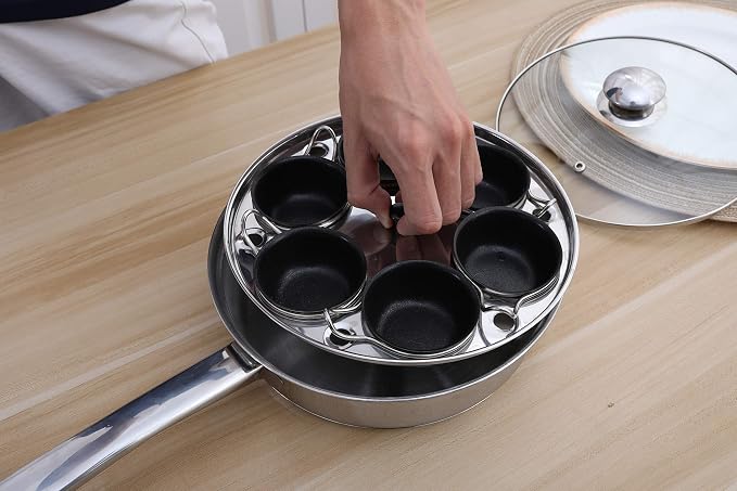 6 Cups Egg Poacher Pan - Stainless Steel Poached Egg Cooker – Induction Cooktop Egg Poachers Cookware Set with 4 Nonstick Large PFOA FREE Egg Poacher Cups and Silicone Spatula