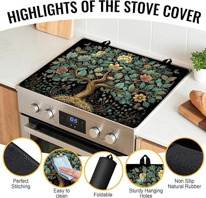 NYZE Stove Top Cover for Electric Stove 28x20 Inch Silicone Stove Topper & Protector, Decorative Kitchen Mat for Electric/Glass Stove Top (Teal & Gold Floral Tree)