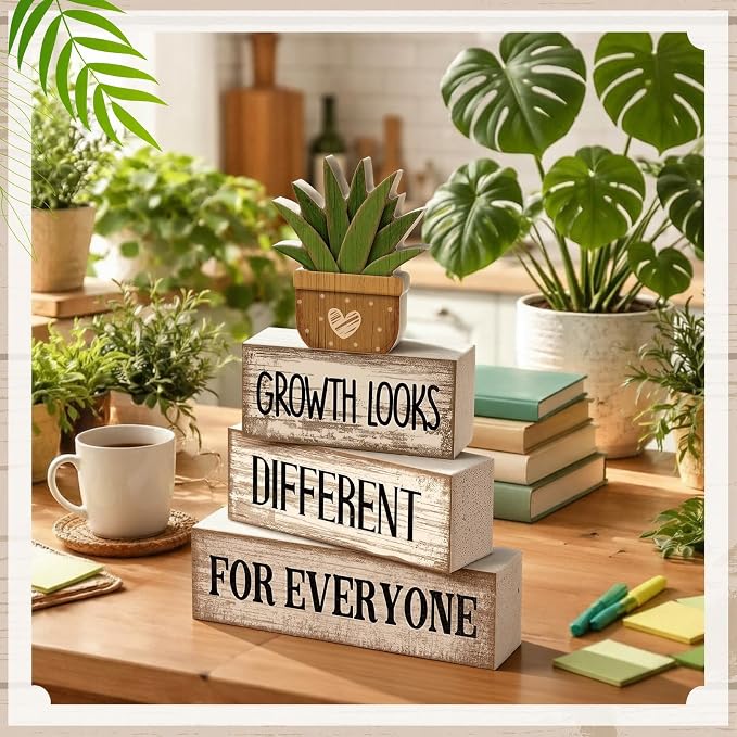 Lineshading 4 Pcs Growth Looks Different for Everyone Farmhouse Signs | Stacked Wood Blocks with Faux Succulent, Rustic White Inspirational Decor, Office Classroom Tiered Tray Teacher Gifts