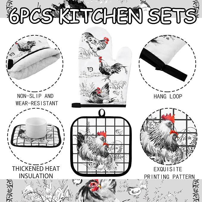 Leinuosen 6 Ink Rooster Farmhouse Kitchen Decor Dish Towels Oven Mitts and Pot Holders Sets Chicken Kitchen Towels Absorbent Decorative Accessories for Cooking Baking Grilling