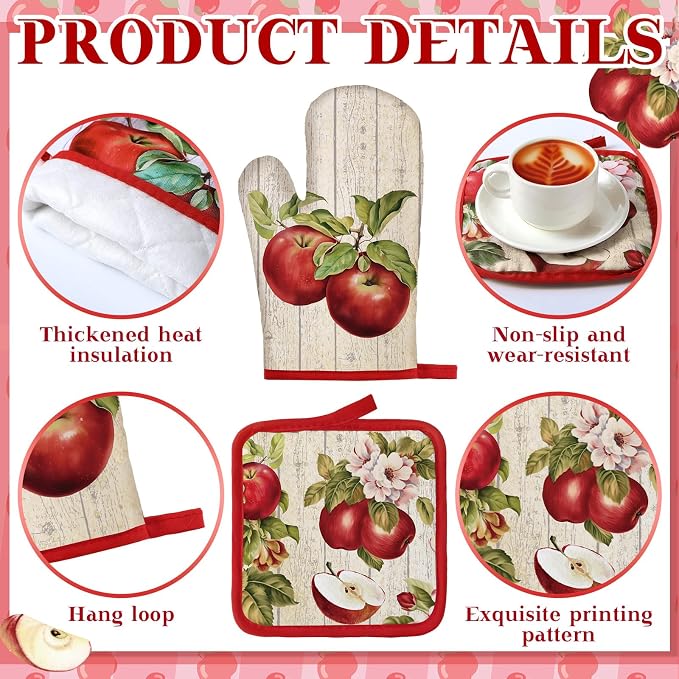 Fourluoo 10 Pcs Apple Farmhouse Kitchen Decor Set Dish Towels Kitchen Rugs Oven Mitts and Pot Holders Set for Cooking Baking Grilling Women Mom Daughter Gift (Fruit Color)