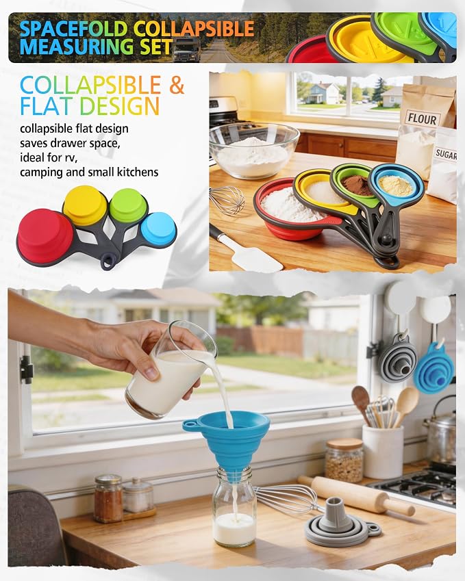 Measuring Cups and Spoons set, Collapsible Measuring Cups, 8 piece Measuring Tool Engraved Metric/US Markings for Liquid & Dry Measuring, Space Saving, BPA Free Silicone, Colorful