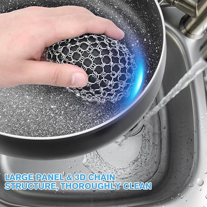 Cast Iron Scrubber Chainmail Set – 316 Stainless Steel Dish Scrub Brush for Cast Iron Skillet Pan Cleaner, Dutch Oven, Wok & Non-Stick Cookware | Dishwasher Safe – Black Double Ring