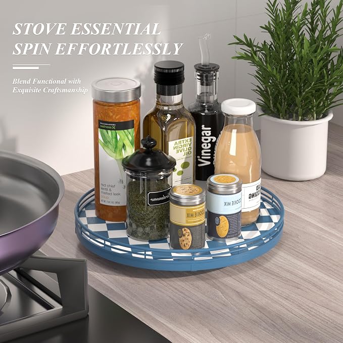 Blue and White Checkerboard Lazy Susan with Rubberwood Base and Metal Rail | Smooth rotating oak tray with walnut finish for dining tables, kitchen counters, pantries and cabinet storage.
