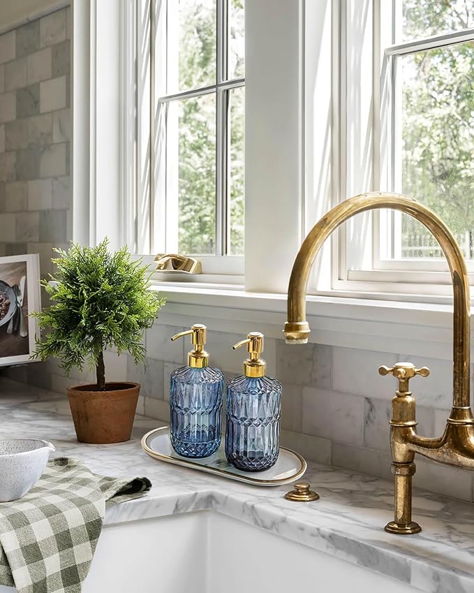JASAI 18Oz Blue Glass Soap Dispenser with Golden Pump for Dish Soap | Refillable Kitchen Soap Dispenser with Thick Glass & Rust Proof Pump, Bathroom Soap Dispenser for Hand Soap, Liquid Soap.