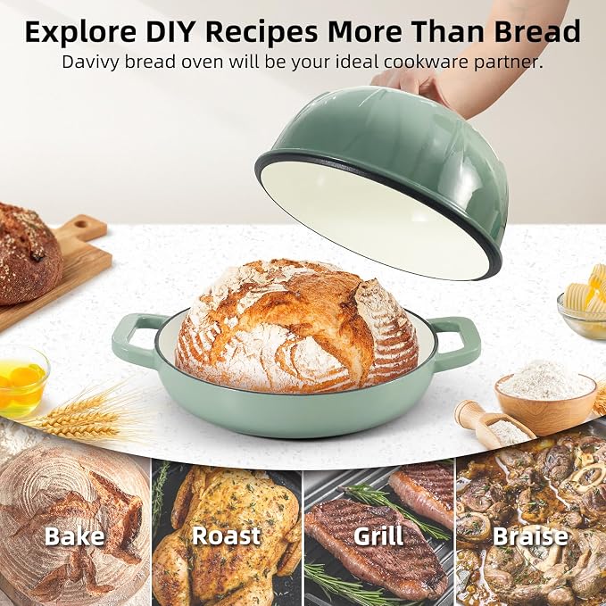 Davivy 5QT Enameled Cast Iron Dutch Oven Pot, Round Sourdough Dutch Oven, Bread Cloche for Sourdough Bread Pan with Domed Lid - Light Green