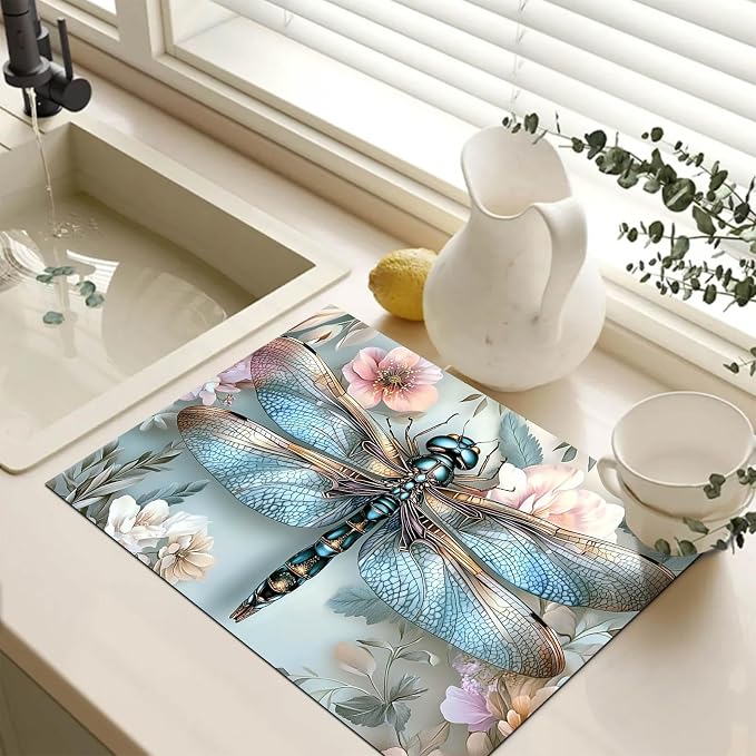 HOMETITUTE Dragonfly Stove Top Cover 28x20 Blue Metallic Diatomite Mat