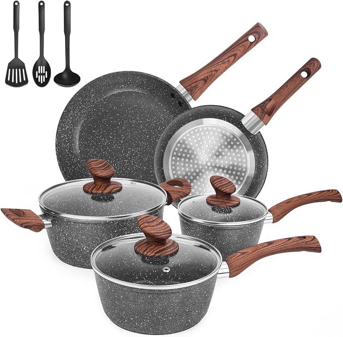 M MELENTA Pots and Pans Set Non Stick, 11-Piece Grey Granite Cookware Set | Compact Nonstick Cooking Set, Induction Cookware Set, PFOA Free, Easy Food Release, Easy to Clean