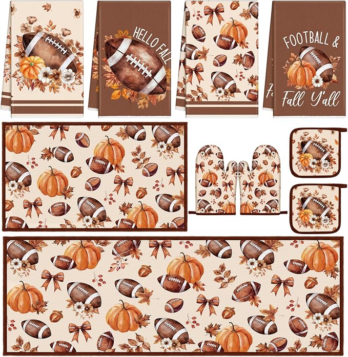 Fourluoo 10 Pcs Fall Football Kitchen Decor Set for Cooking Baking | Includes 2 Polyester Rugs, 4 Microfiber Towels, 2 Pot Holders, 2 Plus Foam Insulated Oven Mitts for Daily Kitchen Tasks.