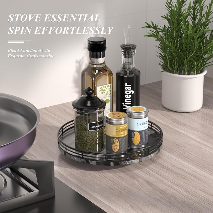 AMH 10-Inch Ancient Wood-Grain Marble Lazy Susan with Black Iron Frame | Smooth rotating oak tray with walnut finish for dining tables, kitchen counters, pantries and cabinet storage.