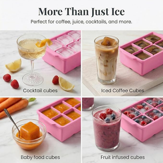 KitchFort® Large Silicone Ice Cube Tray (2-Pack) - 2" Big Ice Mold with Lid | Easy Release, Cocktail, Whiskey Ice Cubes Mold - Food Grade - Ice Cube Trays for Freezer - Stackable Silicone Ice Tray