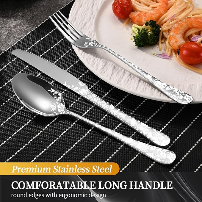 40 Piece Silverware Set, Stainless Steel Flatware Cutlery Set Service for 8, Mirror Polished Tableware Eating Utensils Set for Home Kitchen, Include Knife Fork Spoon Set, Dishwasher Safe
