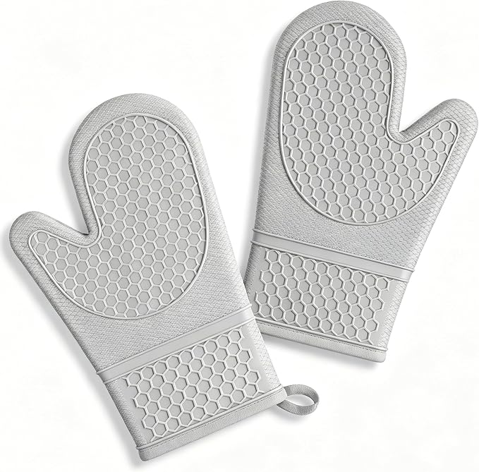 2-Pack Silicone Oven Mitts, 500°F Non-Slip Washable Heat Resistant Gloves, Grey