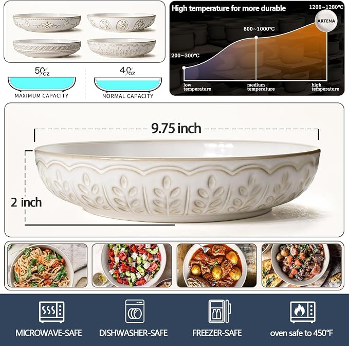 Pasta Bowls, 50oz Large Salad Serving Bowls, 9.75'' Plates Bowls Set of 4, Big White Ceramic Soup Bowls for Kitchen, Embossment Shallow Dinner Bowl, Microwave Dishwasher Safe, Wheat Leaf