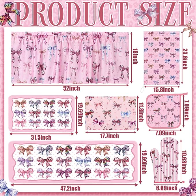 Fourluoo 16 Pcs Pink Leopard Kitchen Decor Set 4 Pink Kitchen Towels 2 Non Slip Rugs and Mats for Floor 2 Oven Mitts Gloves 2 Pot Holders 4 Placemats 2 Curtains for Home Decoration Women Gift