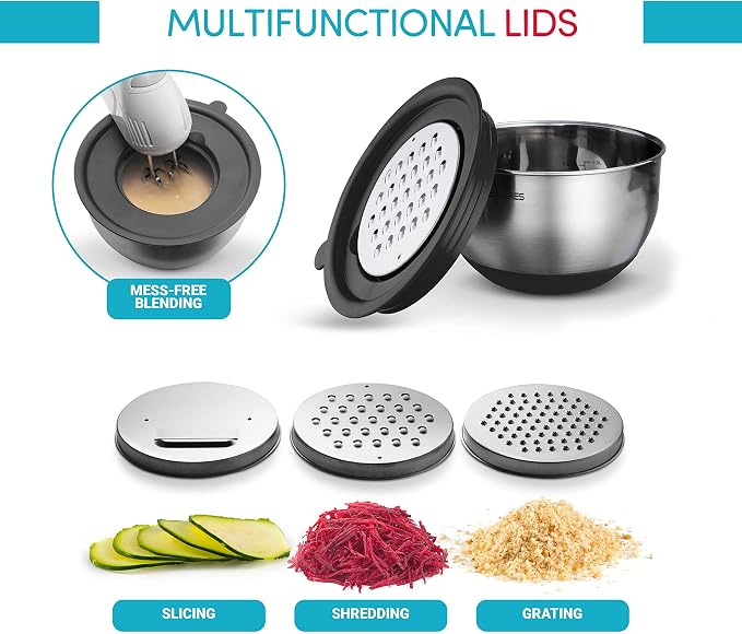 Belwares Mixing Bowls with Lids Set of 5 and 3 Graters, Stainless Steel | Non-Slip Silicone Base, Nesting Bowls Space-Saving for Baking, Food Prep, Storage, Dishwasher Safe, Airtight Lids, Black