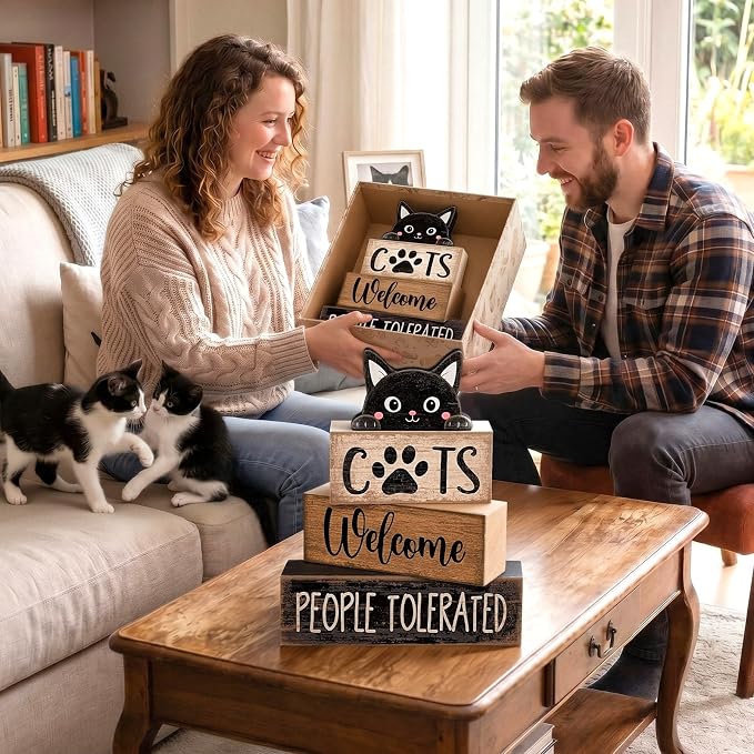 Lineshading 4 Pcs Cat Wooden Sign Set, Farmhouse Tiered Tray Decor | Stackable Welcome Blocks with Cat Topper, Rustic Wood, People Tolerated Sign, Tabletop Shelf Decor for Pet Owners