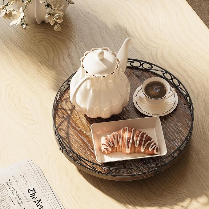 9'' Lazy Susan Turntable Organizer for Table Top, Wooden Lazy Susan Cabinet | Farmhouse Rotating Decor Tray for Dining Table, Pantry, Kitchen Countertop, Spice, Bathroom Vanity, Round Patterned Rim,Brown