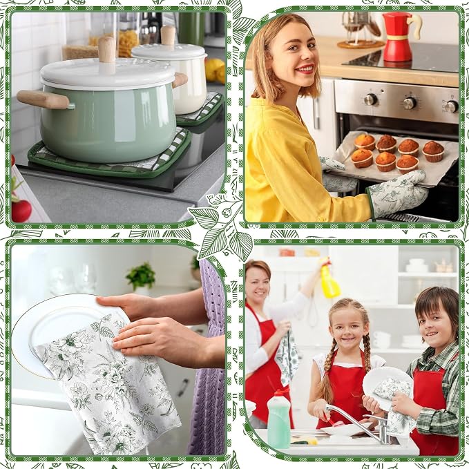 Fourluoo 16 Pcs Green Floral Kitchen Decor Set Kitchen Towels Non Slip Rugs and Mats for Floor Oven Mitts Gloves Pot Holders Placemats Art Abstract Curtains for Home Decoration Gift