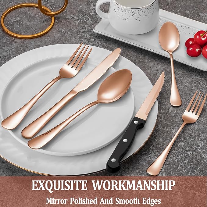 36 Pcs Rose Gold Silverware Set with Steak Knives, Stainless Steel Flatware Cutlery Set for 6, Kitchen Tableware Sets, Utensil Sets for Home and Restaurant, Dishwasher Safe