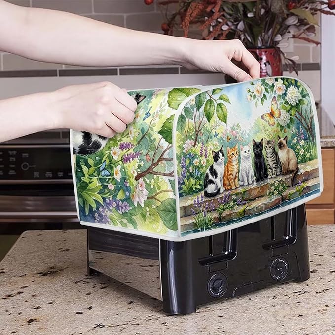 Cats Floral Print Bread Machine Cover 4 Slice Wide Slot Toaster Dust Covers Butterfly Print Protective Cover for Kitchen