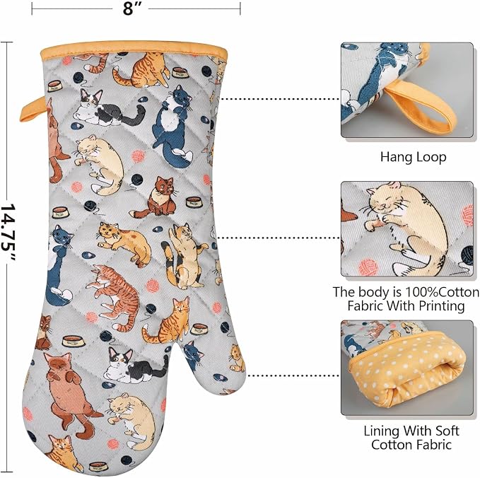 Oven Mitts Cotton Fashion Cute Cat Design 1pair | Heat Resistant Oven Gloves Safe Cooking Baking Grilling Barbecue Machine Washable Pot Holders (Cat)