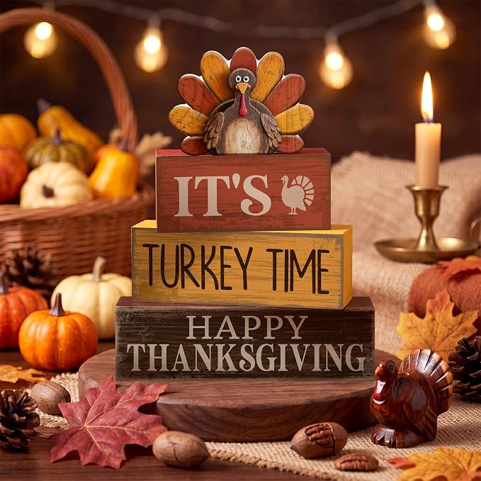Lineshading 4 Pcs Wooden Turkey Fall Farmhouse Thanksgiving Tabletop Signs | Rustic Tiered Tray Decor, Thanksgiving Turkey Theme Block Signs, Farmhouse Home Table Centerpiece, Wooden Rustic Gift Set