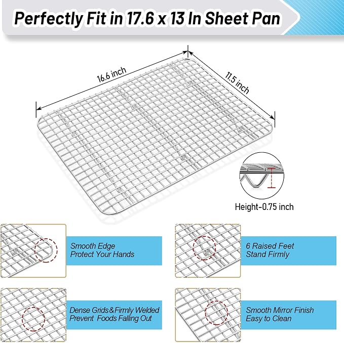 TeamFar Cookie Sheets with Cooling Racks, 2 Pans + 2 Racks, 17.6x13x1 Inch | Stainless Steel Half Size Baking Pan with Grid Rack for Baking Roasting Cooking, Non-Toxic & Heavy Duty, Dishwasher Safe