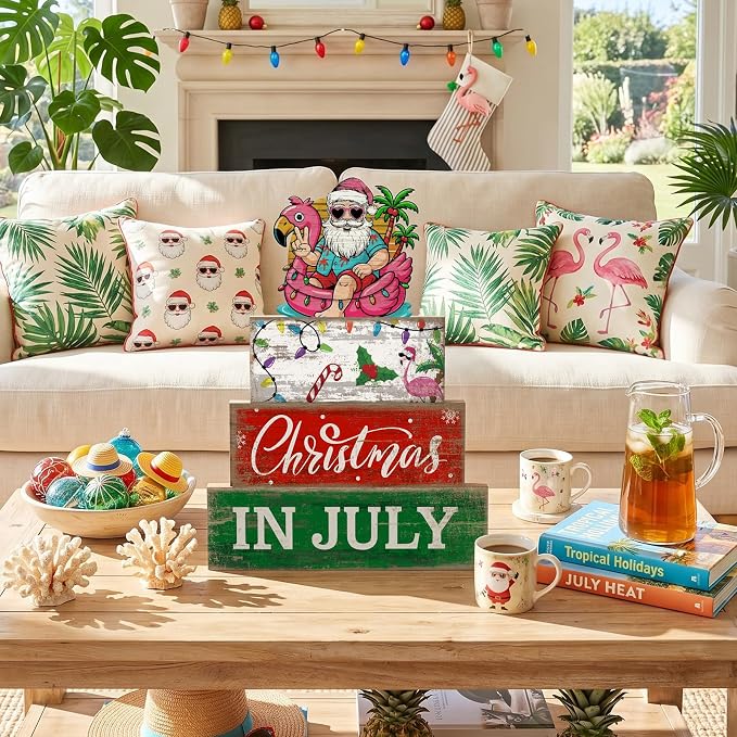 Lineshading 4 Pcs Christmas in July Table Decor Summer Santa Wooden Signs | Tropical Christmas Tiered Tray Decor Farmhouse Stacked Santa Flamingo Palm Tree Beach Party Supplies Shelf Home Office