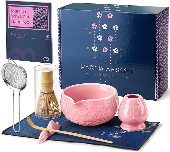 7Pcs Matcha Whisk Set, Matcha Set Whisk and Bowl,Bamboo Scoop, Scoop Rest, Sifter and Tea Towel, Matcha Kit W/Carved Cherry Blossm Pattern for Matcha Lovers (Sakura Pink) | Bamboo Scoop, Scoop Rest, Sifter and Tea Towel, Matcha Kit W/Carved Cherry Blos...