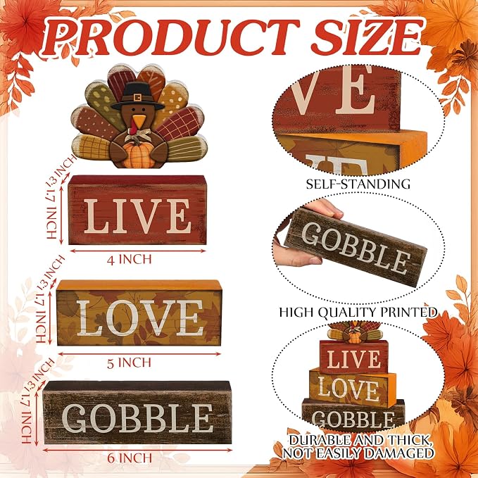 Lineshading 4 Pcs Thanksgiving Wooden Block Signs Turkey Tiered Tray Decor | Farmhouse Fall Table Centerpiece, Turkey Topper Sunflower Theme, Stacked Wood Blocks Live Love Gobble for Kitchen Shelf
