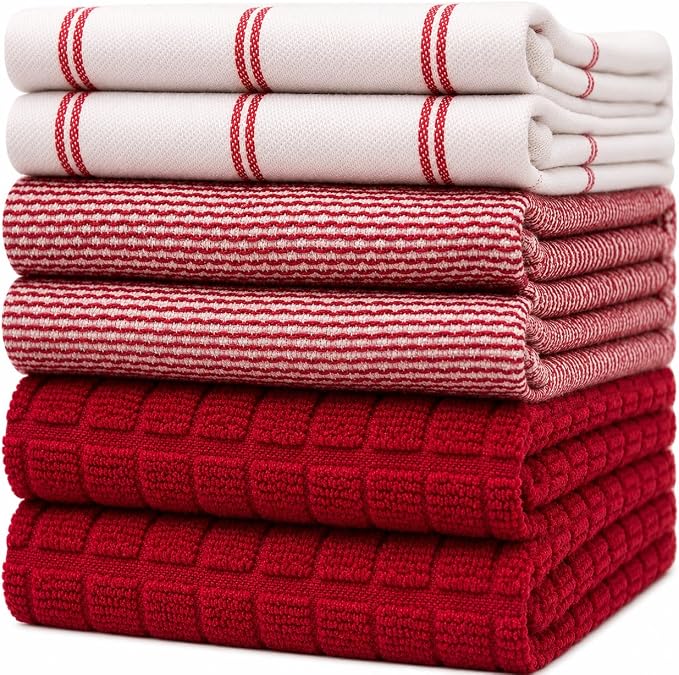 Premium Kitchen Towels 6 Pack 100% Cotton, 20"x28" Dish Towels - Red Check | Large Flat & Terry Kitchen Linen Set with Hanging Loops, Highly Absorbent for Washing and Drying Dishes