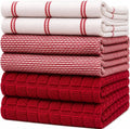 Premium Kitchen Towels 6 Pack 100% Cotton, 20"x28" Dish Towels - Red Check | Large Flat & Terry Kitchen Linen Set with Hanging Loops, Highly Absorbent for Washing and Drying Dishes