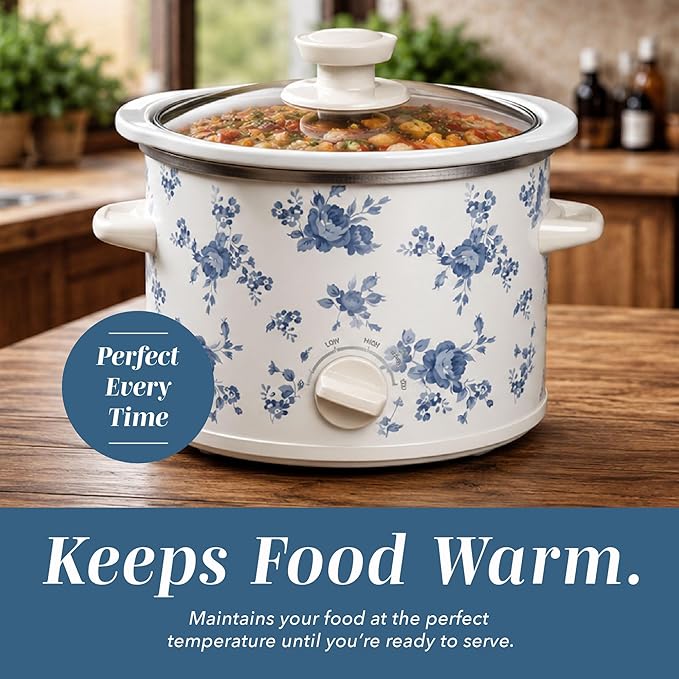 COOK WITH COLOR 2QT Mini Electric Round Slow Cooker - Adjustable Settings, Removable Stoneware Pot, Tempered Glass Lid, Dishwasher Safe, Cool-Touch Side Handles, Floral Blue