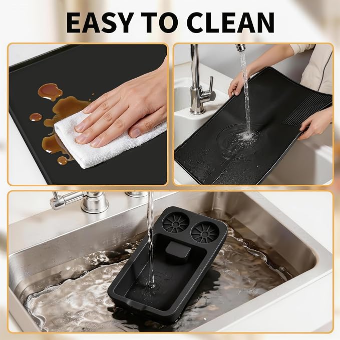 Silicone Coffee Mat and Espresso Tamping Mat, Detachable Espresso Mat Accessories, Coffee Bar Mat Suitable for Use Under coffee Maker, Dish Drying Mat for Kitchen Countertop Protector Mat, Black