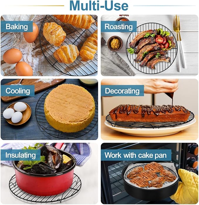 P&P CHEF Round Cooking Rack, Cooling Rack for Steamer, 7.5+9+10.5”, Black | 3 Pack Stainless Steel Baking Rack for Grilling Roasting, Fits Air Fryer, Canning Pot, Oven & Dishwasher Safe, Non-toxic